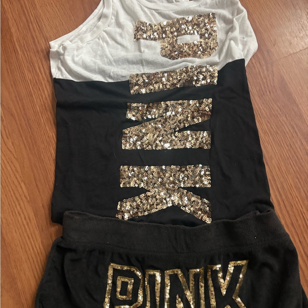 PINK Victoria's Secret  Gold Sequin Tank Top short set